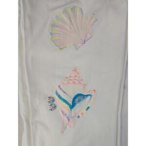 Vtg Beach Seashell Pants Womens One Size White Cropped Elastic Stretch Glitter